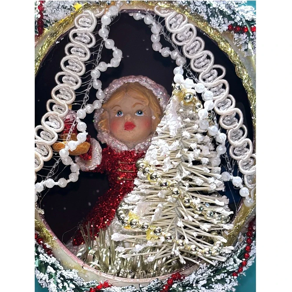 Vintage‎ Diorama Egg Ornament White Red Girl with Christmas Tree